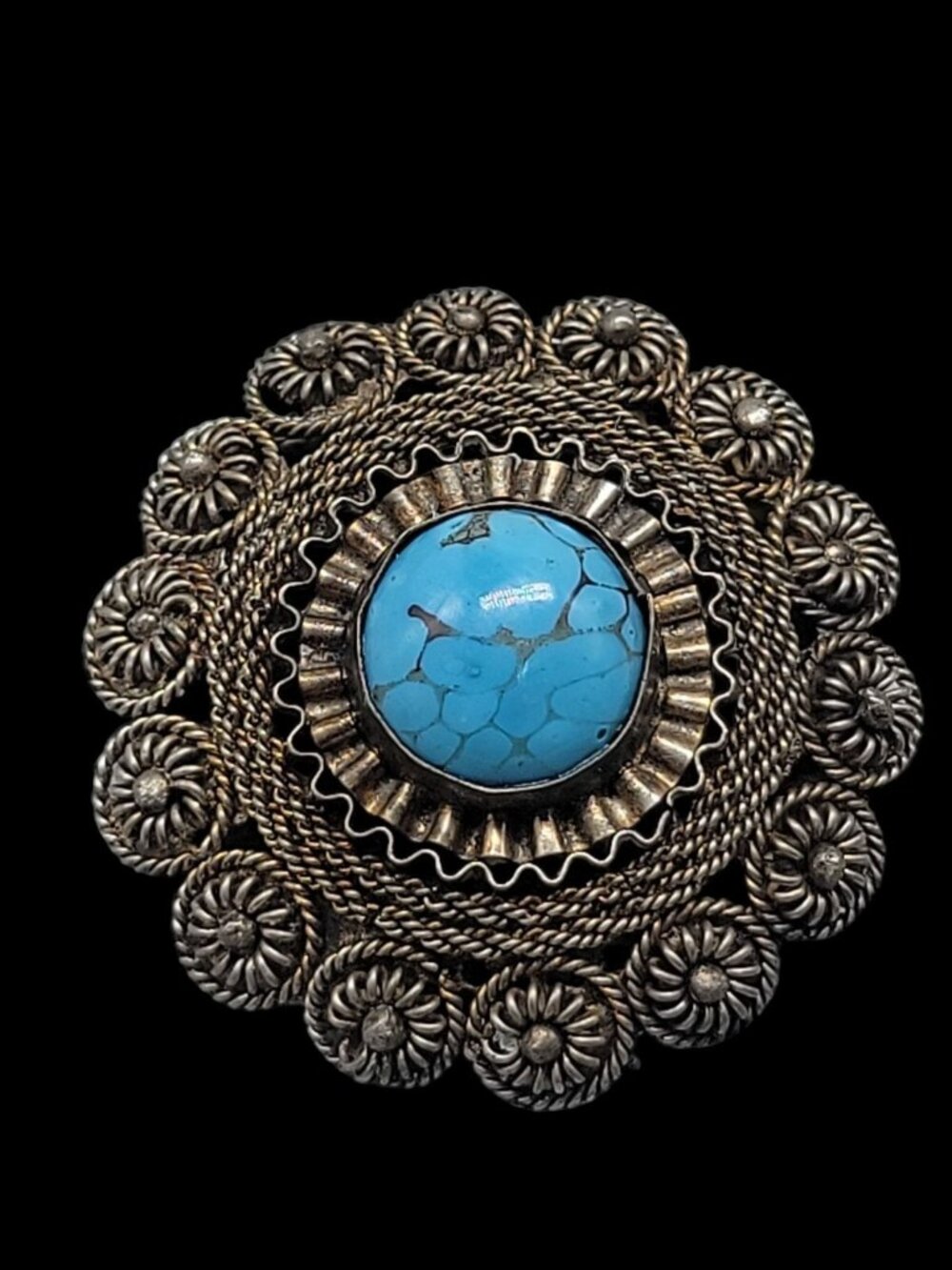 Faux Turquoise Silver Plated Brooch Pendant Blue Glass Filigree Setting Vintage - Picture 3 of 16